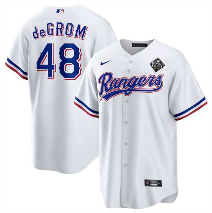 Mens Texas Rangers #48 Jacob DeGrom White 2023 World Series Cool Base Stitched Baseball Jersey Dzhi